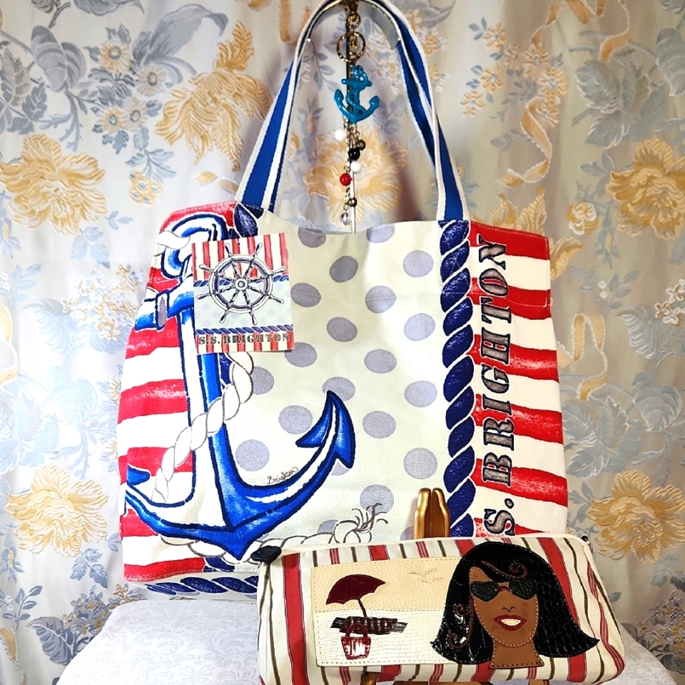 Brighton Canvas Bag (2) Lot: Tote, Clutch, And Unbranded Nautical Keychain